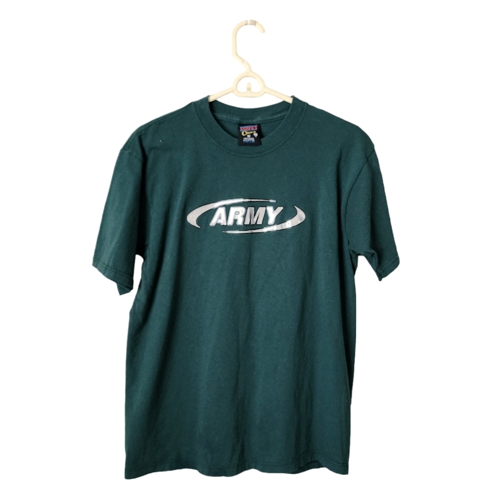 ARMY VINTAGE Puffy Logo Graphic Tee Green Silver‎ Size M